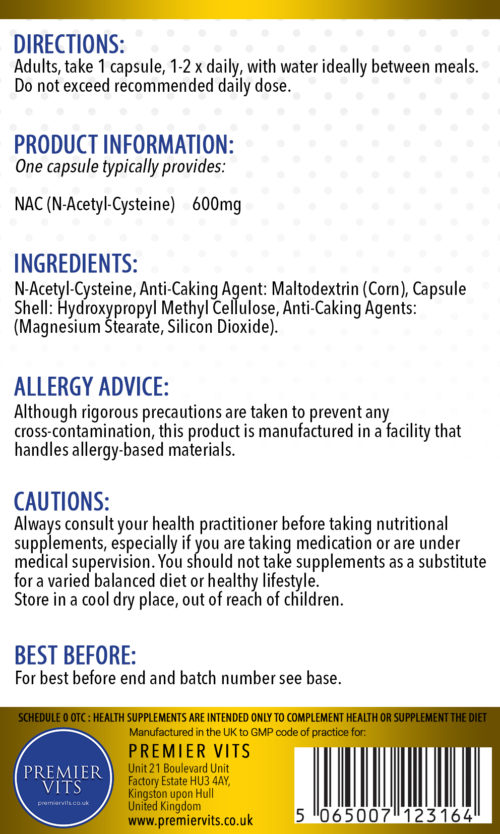 NAC N-Acetyl-Cysteine, 600mg 120 Capsules  - Antioxidant Vitamins & Supplements UK