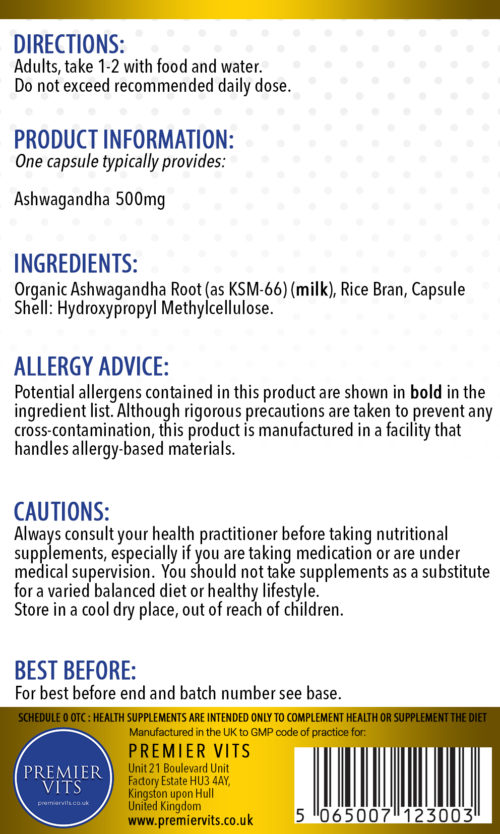 Ashwagandha KSM-66 500mg 90 Capsules  - Energy Vitamins & Supplements UK